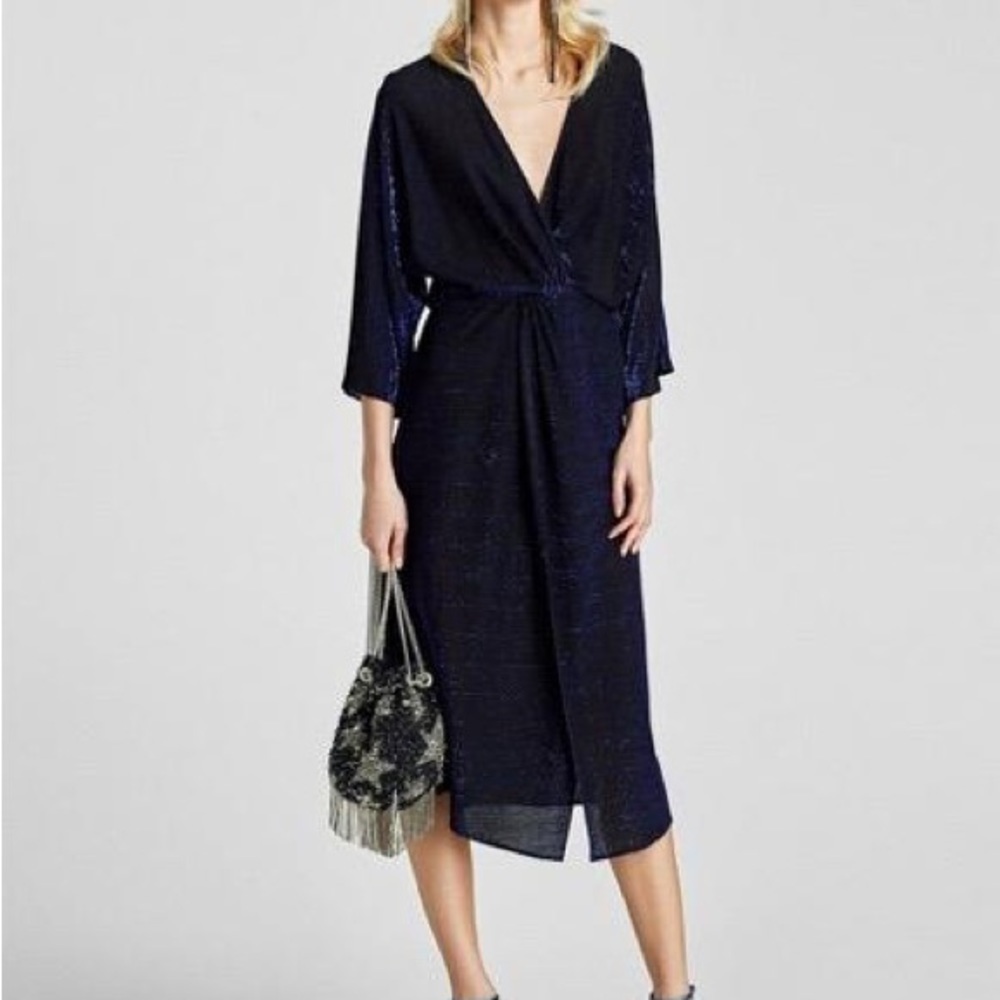 Zara Shimmery Dress Slit Front Neon Blue